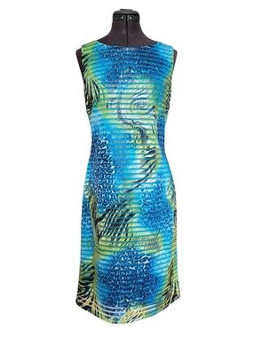 SZ8 Frank Lyman Design Shimmery Blue Green Tropical Midi Sheath Dress Sparkle
